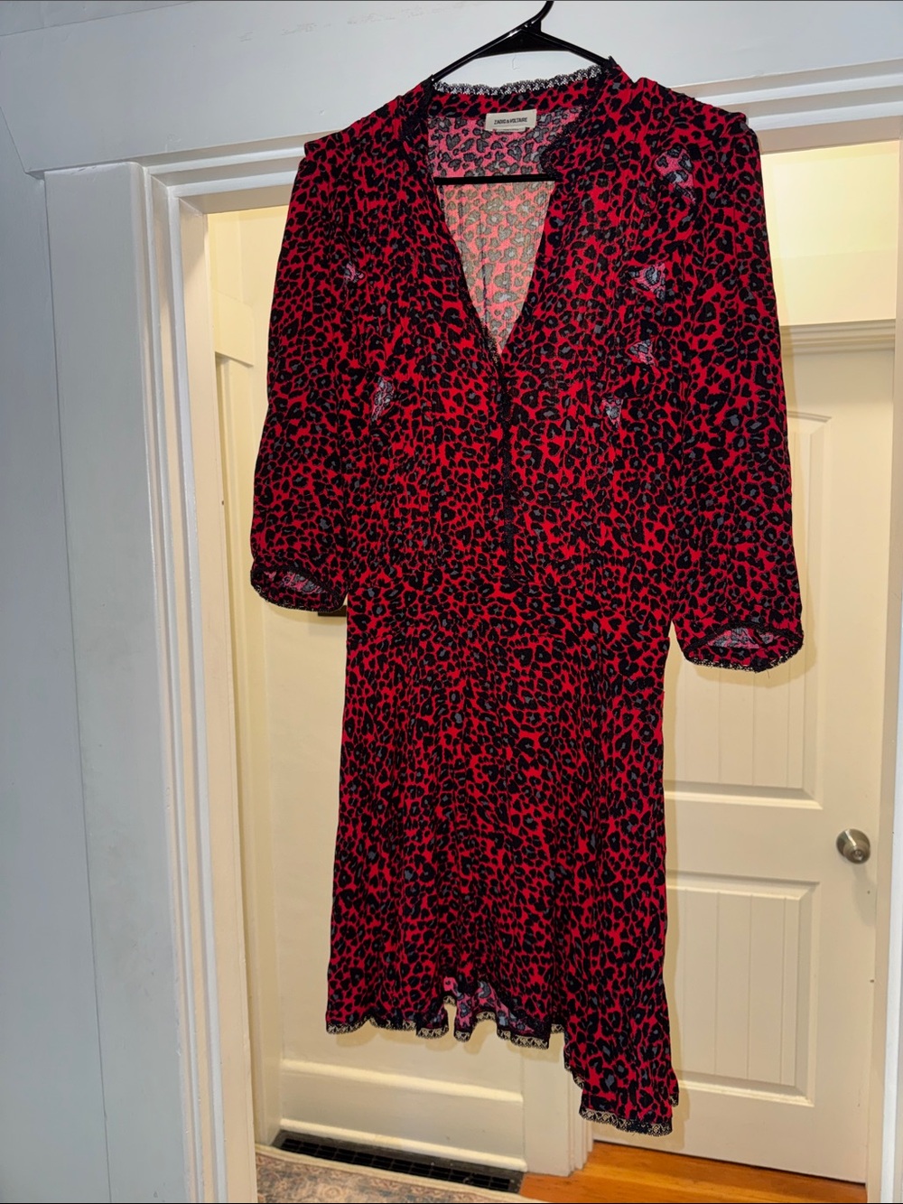 Zadig & Voltaire Red and Black Leopard Print V-Neck Midi Dress